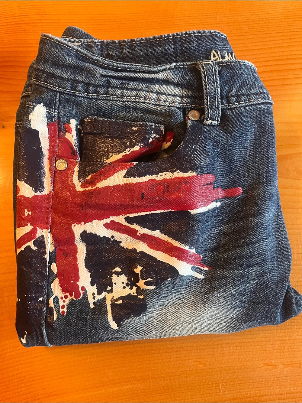 Almost Famous Dark Blue Skinny Jeans with Red & White Flag Accent - Picture 10 of 10